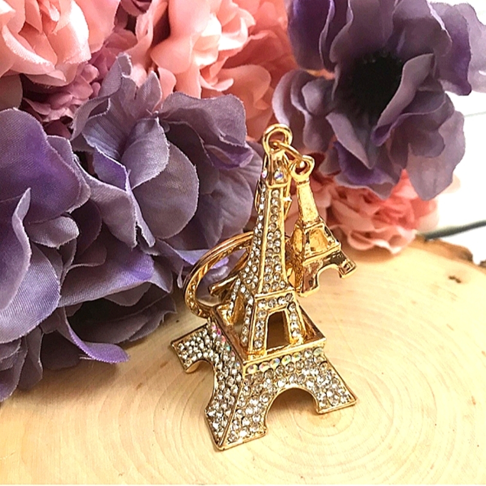 💗bundle 💗RHINESTONE DOUBLE EFFLE TOWER PURSE CHARM OR KEYRING GOLD HARDWARE - Picture 8 of 9